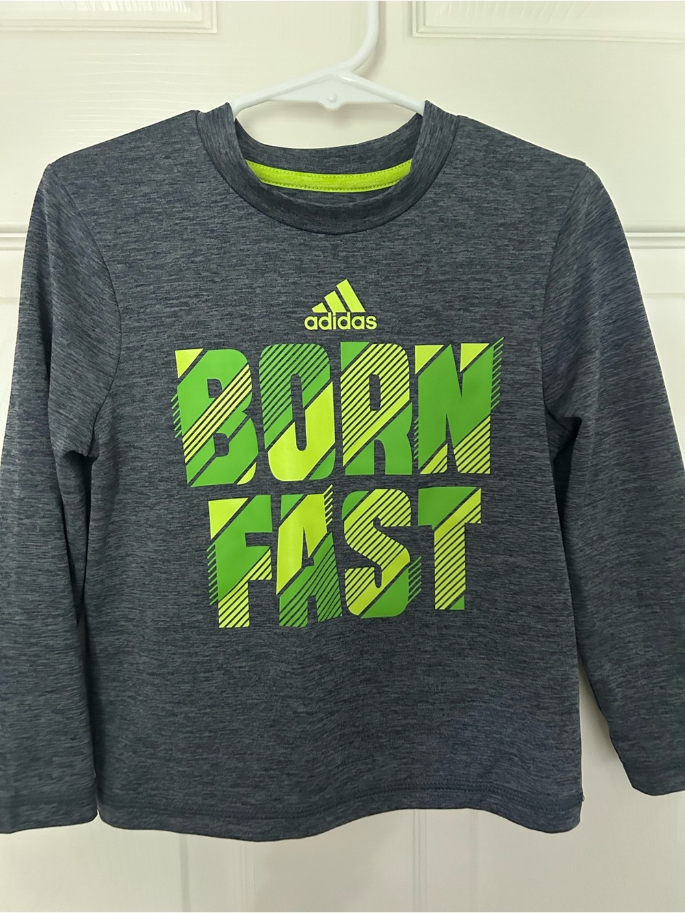 Toddler Boys, adidas, Gray Long Sleeve Tee w/Neon Green 'Born Fast' Graphic, 2T